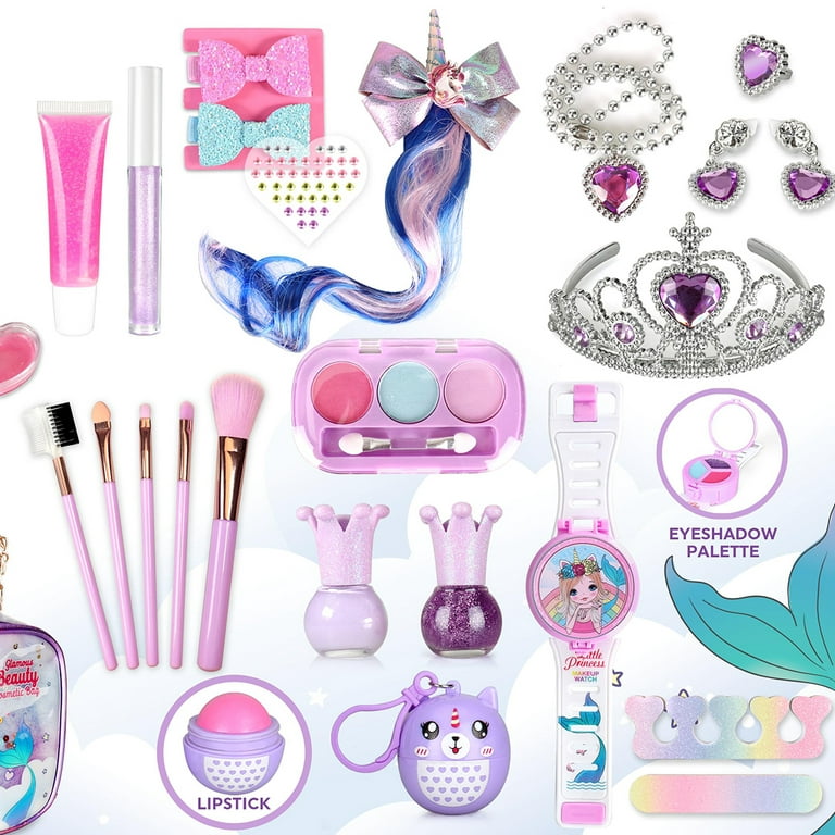 Girls Makeup Kit for Kids, Non Toxic Washable Mermaid Makeup, Kids Makeup Sets for Girls 5-8,Mermaid Toys for Girls 4-6 8-10, Real Make Up for