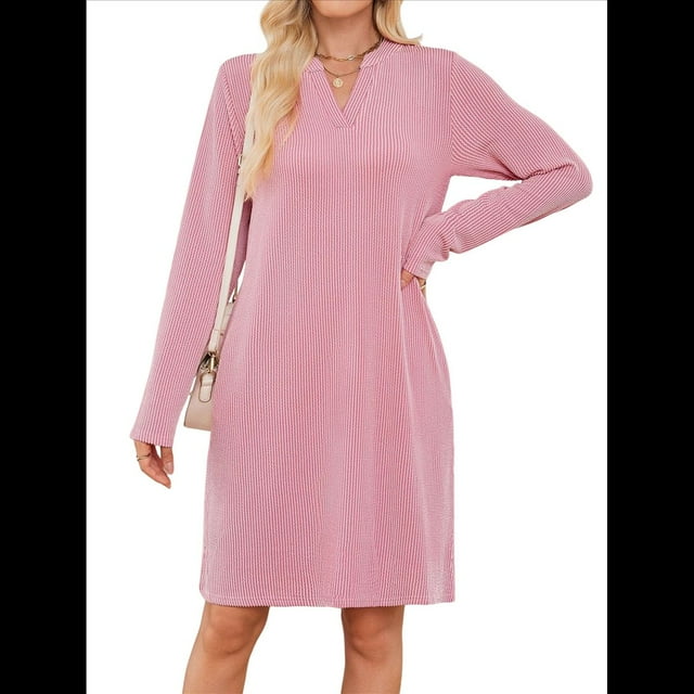 Vestido Informal de Larga con Bolsillos y Cuello en V para Mujer, Holgado, para Otoño e Invierno Rosa M