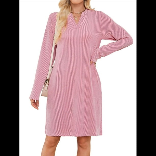 Vestido Informal de Larga con Bolsillos y Cuello en V para Mujer, Holgado, para Otoño e Invierno Rosa L