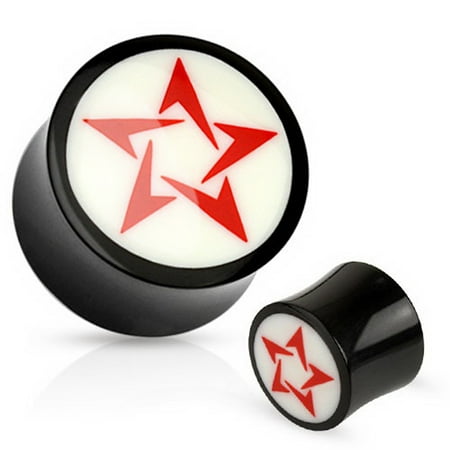 Flared Plugs - Red Star On White & Black Double Flared Ear Plug (16mm, 5/8 Inch) - 2 Piece