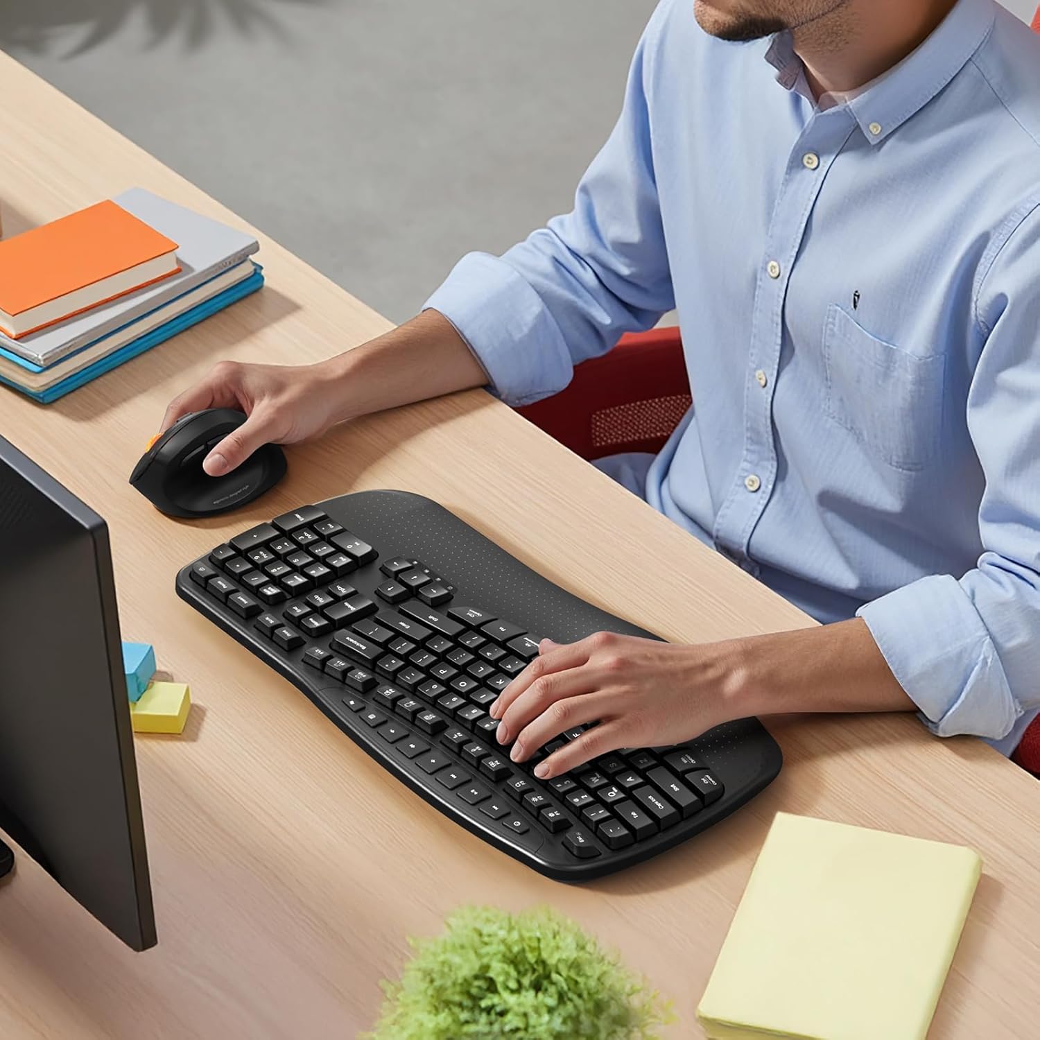 Meetion Wave Keys Ergonomic Keyboard, Wireless, Wrist Rest, 2.4G/USB-C for Windows/Mac - Black