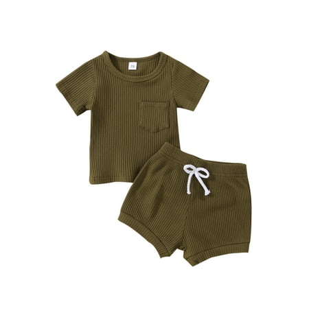 

ZIYIXIN Summer Causal Baby Boys Girls Clothes Solid Short Sleeve Knit Pocket T Shirts Shorts Sets Army Green 3-6 Months