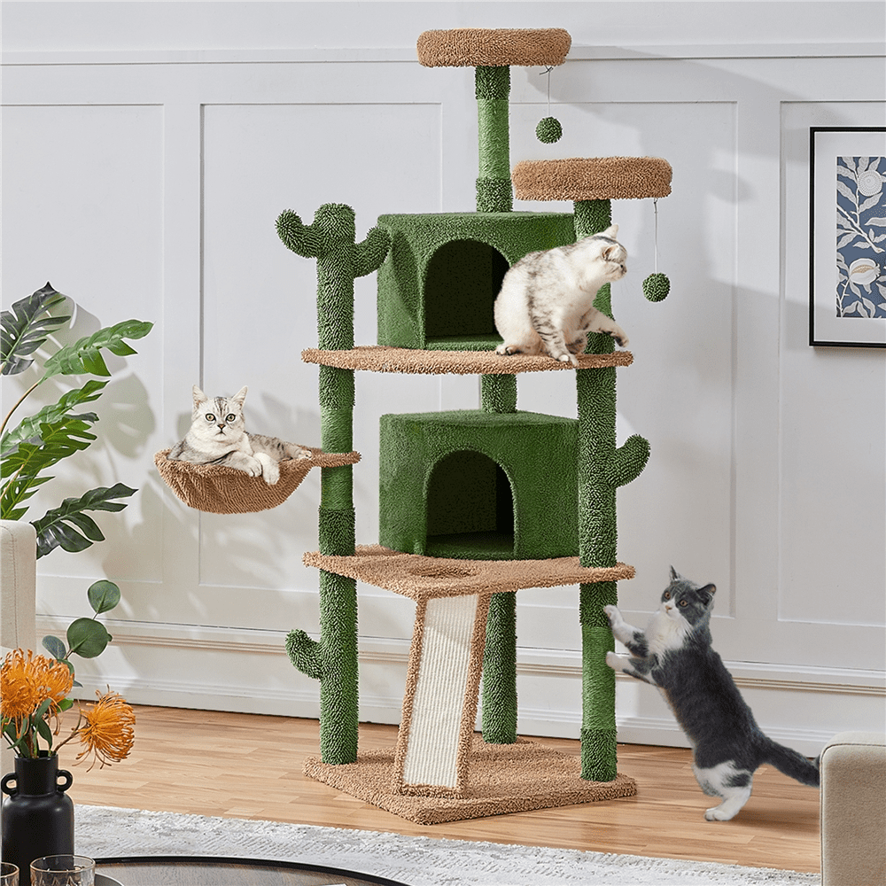 Alden Design 66″ H Multi-Level Cactus Cat Tree with Natural Sisal for Small/Medium Cats, Green/Brown