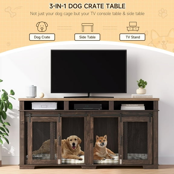 Historyli Extra Large Dog Crate Furniture, 71Inch, 3 Storage Wooden, for 2 Dogs, with Removable Divider
