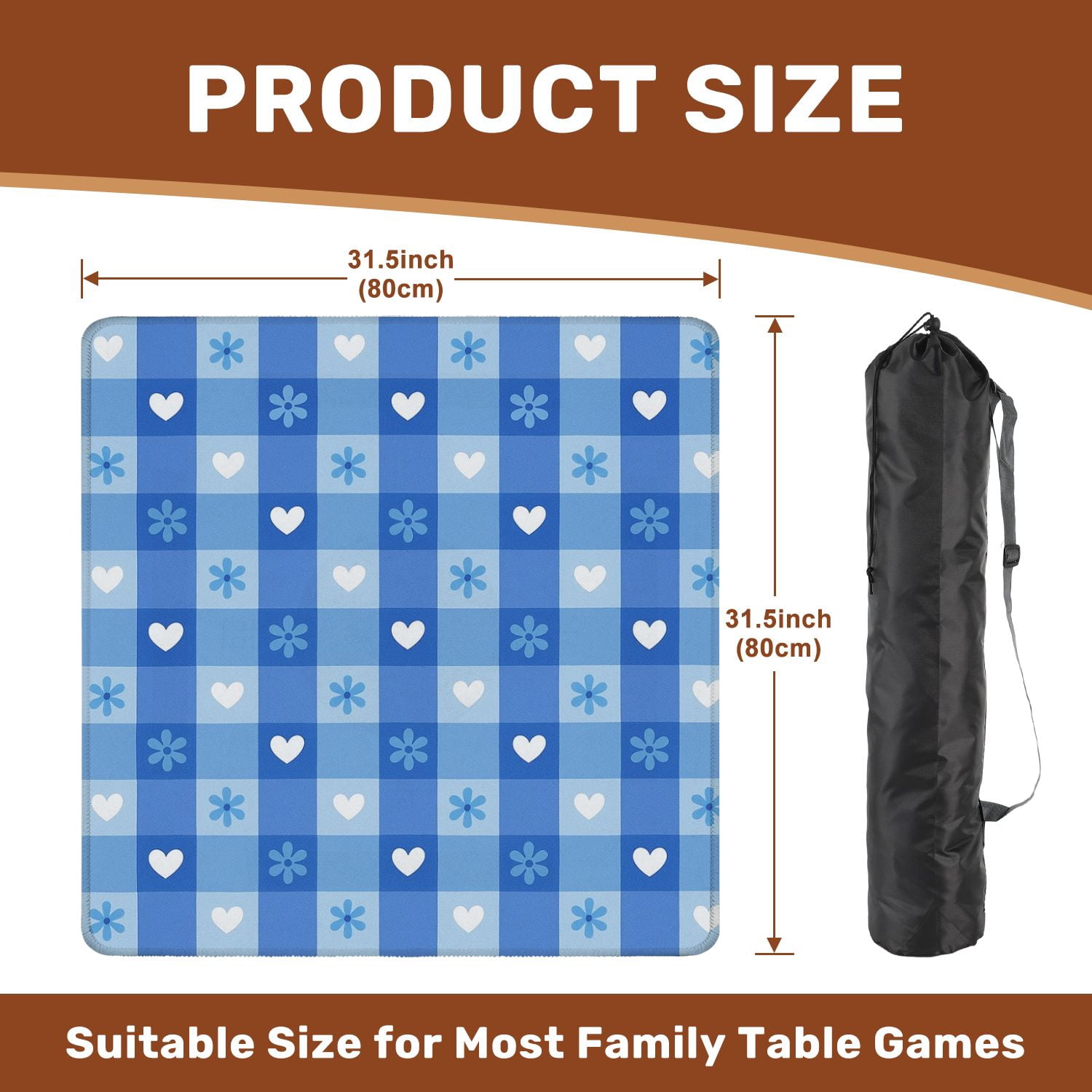 Mahjong Mat 31.5" x 31.5" Blue Heart Flower Soft Checkered Design Non-Slip Noise Reduction American Mahjong Tiles Table Cover for Dominoes Poker Card Board Games Gift