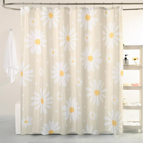 Beige Floral Shower Curtain Set Cute Daisy Cream Bathroom Curtain, Washable Waterproof Fabric Extra Long Shower Curtain with 12 Hooks, Modern Farmhouse Decor Flower Shower Curtains 72x84 inch