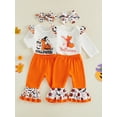 thumbnail image 3 of Loicainy Infant Baby Girl Halloween Outfit 3 6 9 12 18 Months Letter Pumpkin Print Crew Neck Long Sleeve Rompers Bell-Bottoms Pants Headband 3Pcs Clothes Set, 3 of 9