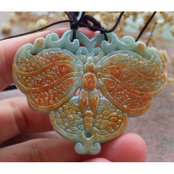 Red Green Natural A Jade jadeite Pendant Butterfly Necklace 677478 TN