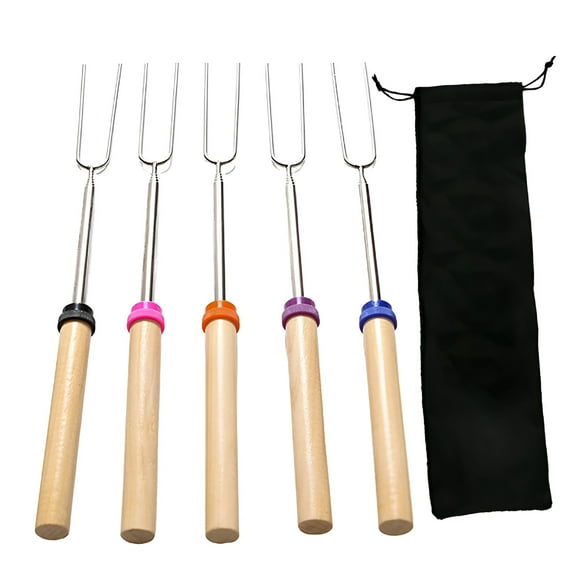 ACDANC 5 Pack Extendable Roasting Sticks Telescoping Smores Skewers Hot Dog Forks With Wooden Handle for Fire 32" Stainless Steel Bbq Kit for Outdoor Camping