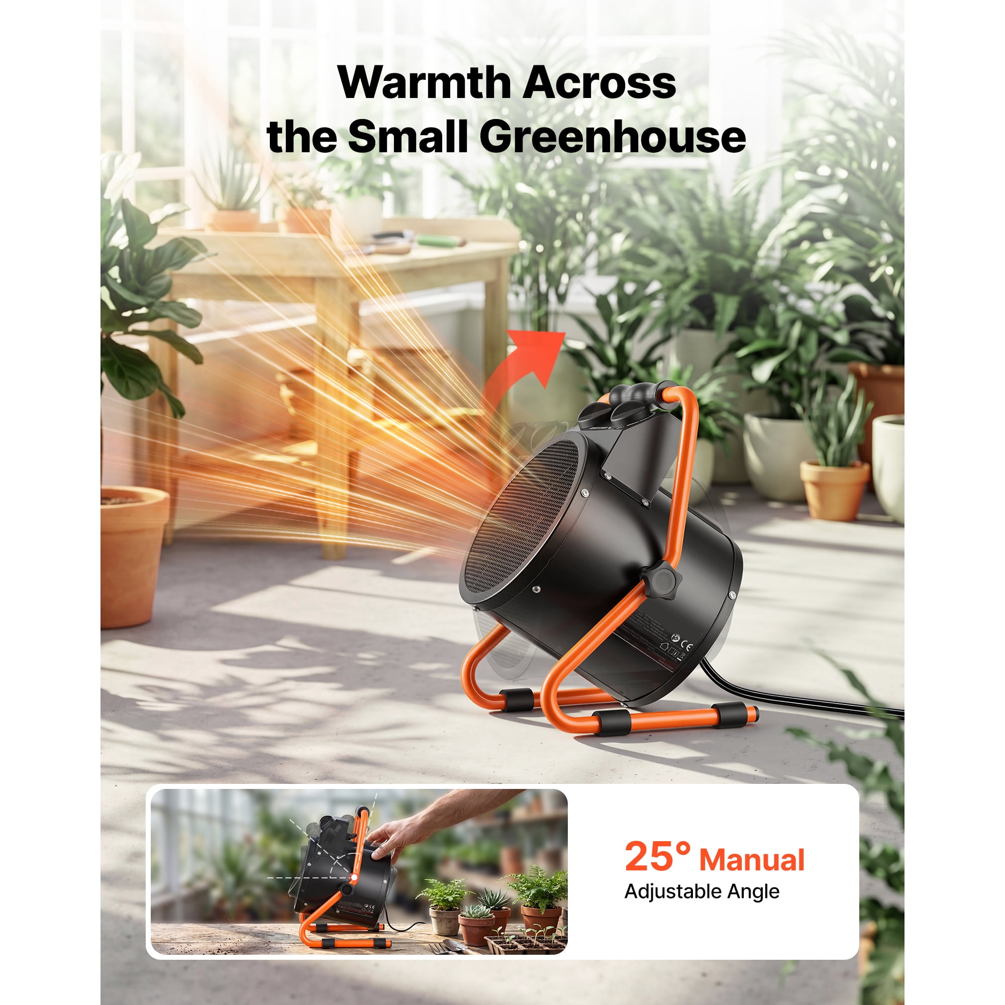 KFFKFF 1500W Electric Greenhouse Heater with Adjustable Fan Modes, IPX4 Waterproof Design, 25° Tilt Function, Overheat Protection, Ideal for Grow Tents, Small Greenhouses, Flower Rooms