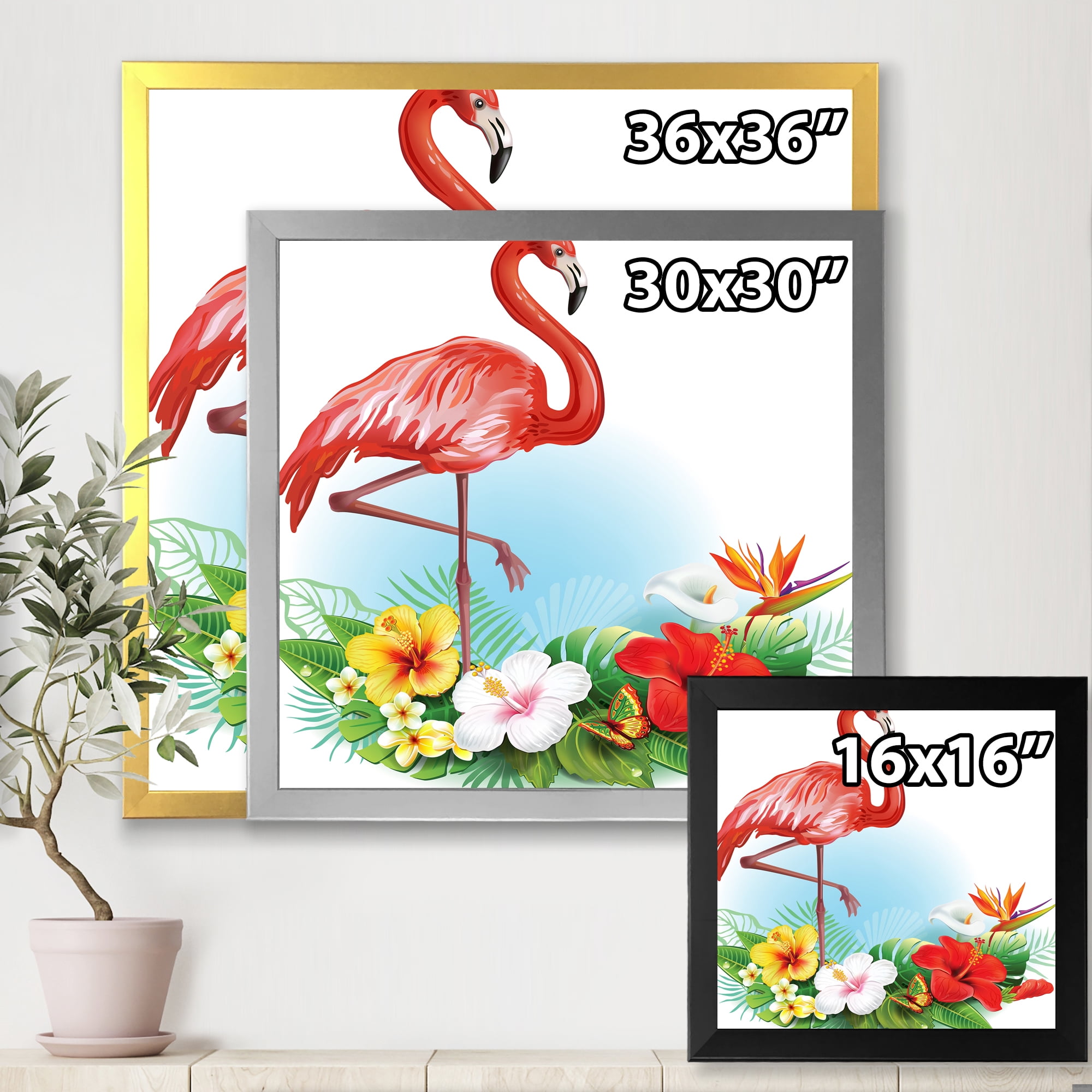 Designart 'Arrangement with Flamingo and Tropical Flowers' Traditional Framed Art Print