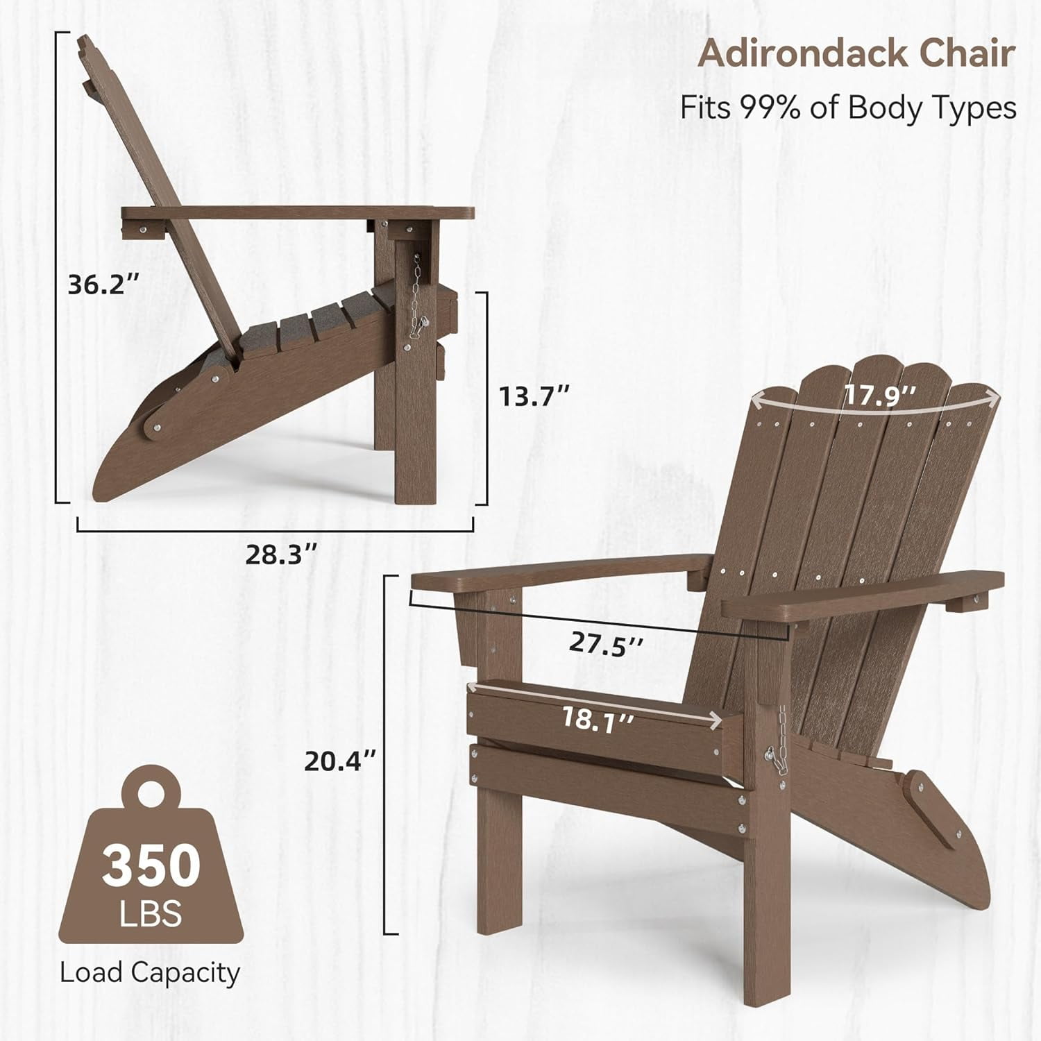 Adirondack Chair, Weather-Resistant Patio Chair with Wide Armrests & High Backrest, Folding Fire Pit Chair for Garden, Backyard, Porch