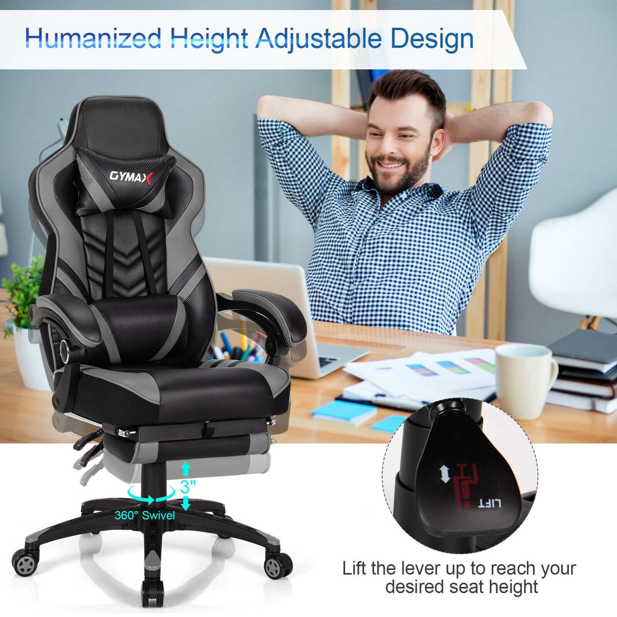 Gymax Office Computer Desk Chair Gaming Chair Adjustable Swivel w/Footrest Grey