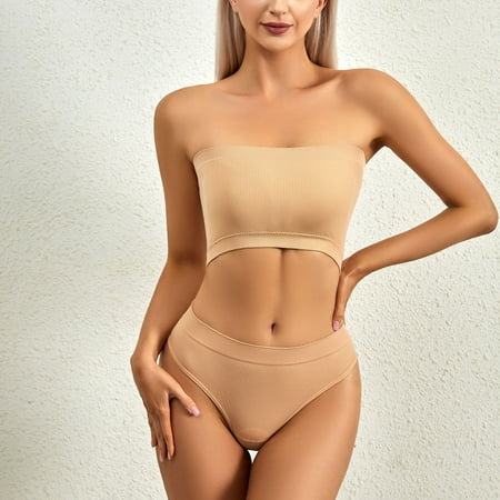 TUWABEII Women s No-steel Ring Gathering No-marking Breathable Tube Top Underwear Briefs Suit Wireless Lift T-Shirt Bra
