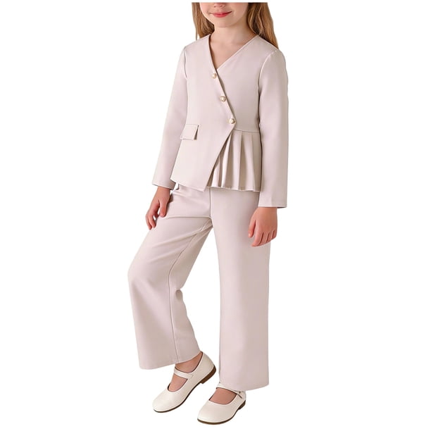Conjunto de dos piezas de ropa exterior irregular con parte delantera inclinada de color liso para niños de Zhongda: conjunto de top y camisa de cuello redondo de manga larga y pantalones de poliéster