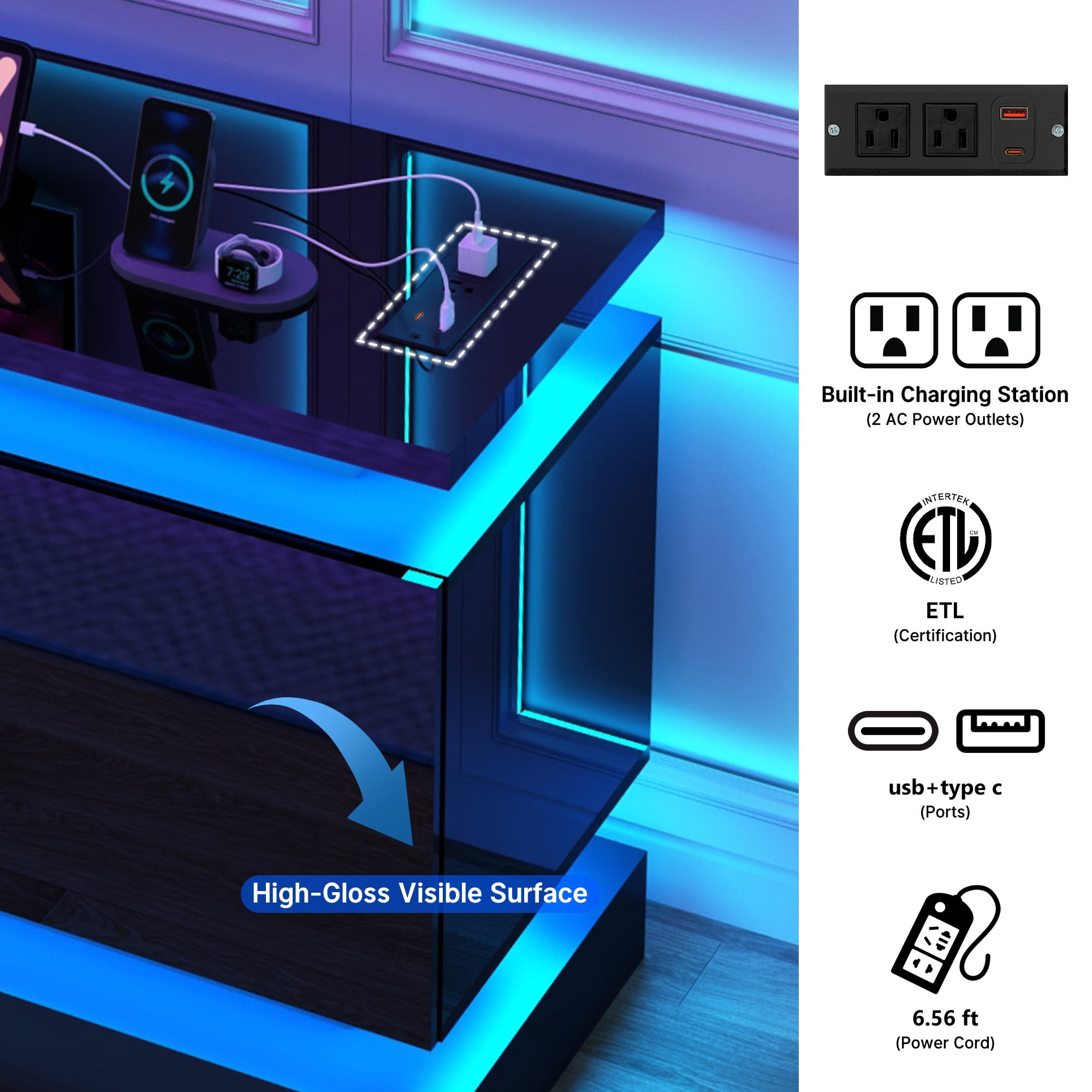 Blotout 81" Fireplace TV Stand with 50" Fireplace, LED Lights & Power Outlet for 90/85/80 Inch TV, Modern Gaming Entertainment Center with High Gloss Cabinet, Media TV Console for Living Room