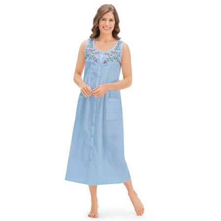 

Collections Etc Women s Pintuck Floral Embroidered Night Gown Light Blue Medium