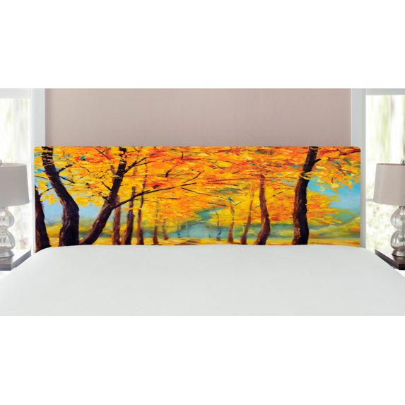 Country Headboard, Painting of a Park in Autumn Fall with Pale Warm Tone Leaves Harmony Nature Print, Upholstered Decorative Metal Bed Headboard with Memory Foam, King Size, Yellow Brown, by Ambesonne