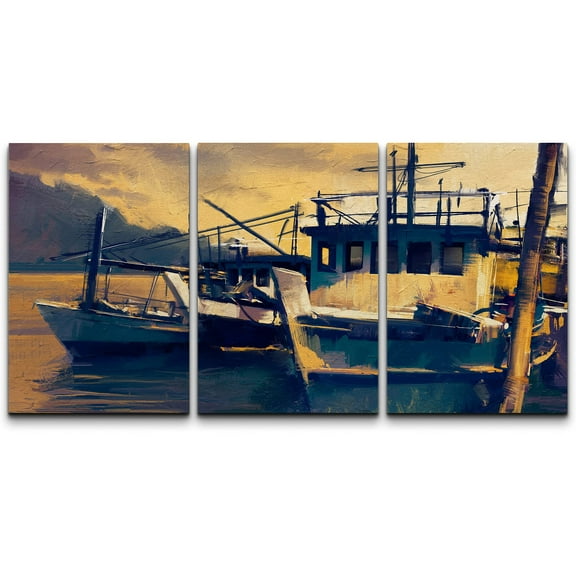 wall26 Canvas Print Wall Art Set Boat in The Harbor at Sunset Nature Ocean Illustrations Realism Rustic Landscape Colorful Multicolor Ultra for Living Room, Bedroom, Office - 24"x36"x3
