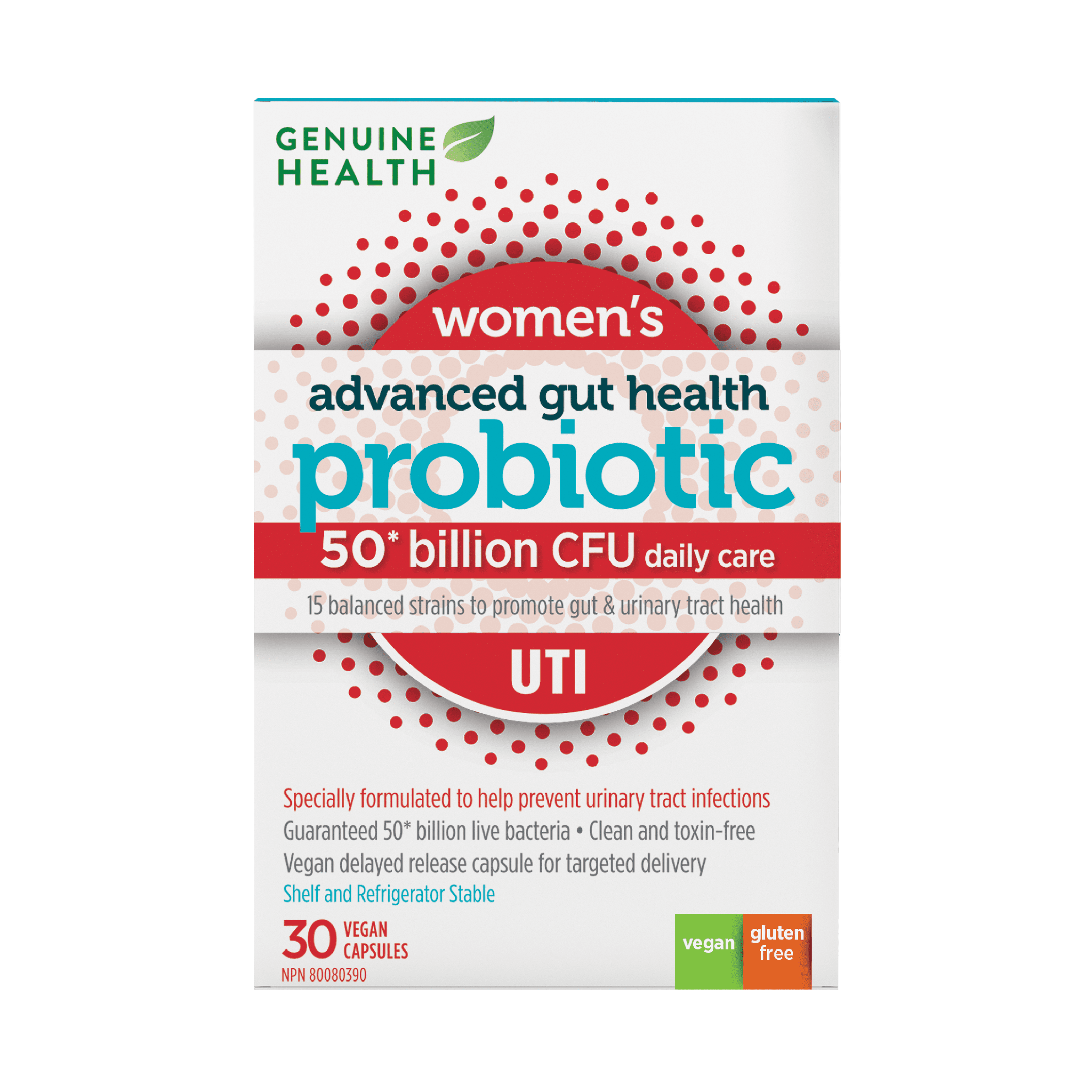 Genuine Health Genuine Health Advanced Gut Health Gentle-Care Probiotic, 30 count, 15 Billion CFU, 15 diverse and balanced strains per capsule, Dairy, soy & gluten-Free, Non-GMO, Vegan