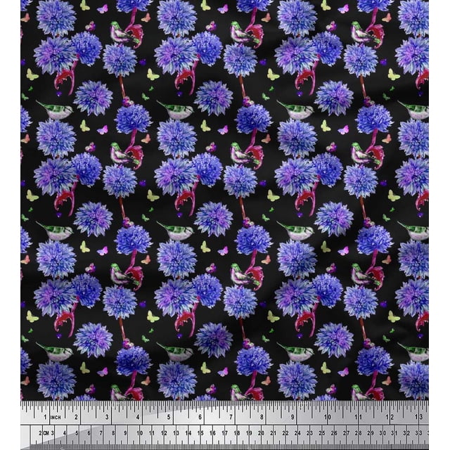 Soimoi Purple Polyester Crepe Fabric American Robin,Insect & Flower Decor Fabric Printed BTY 42 Inch Wide