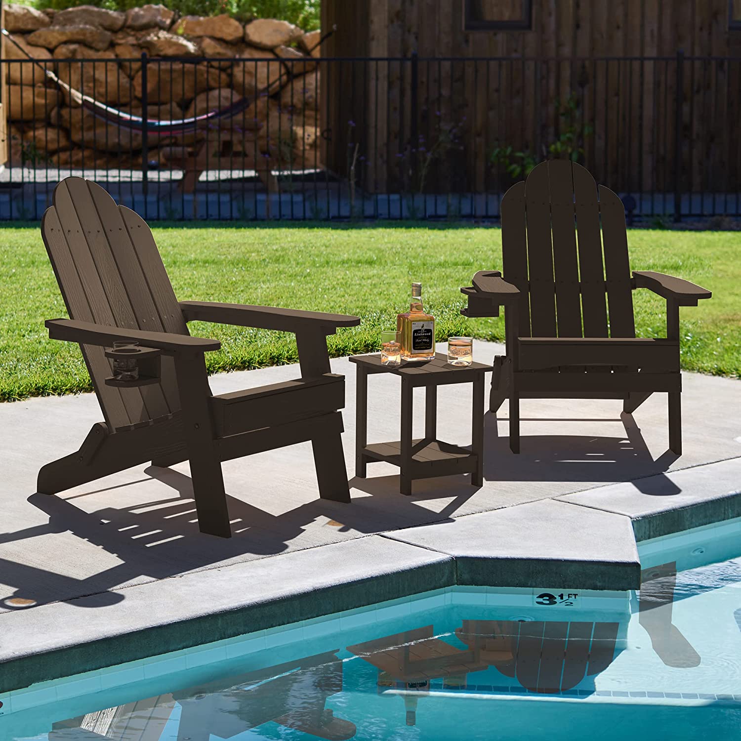 LUE BONA 3 Pack Folding Adirondack Chairs, Dark Brown Poly Fire Pit