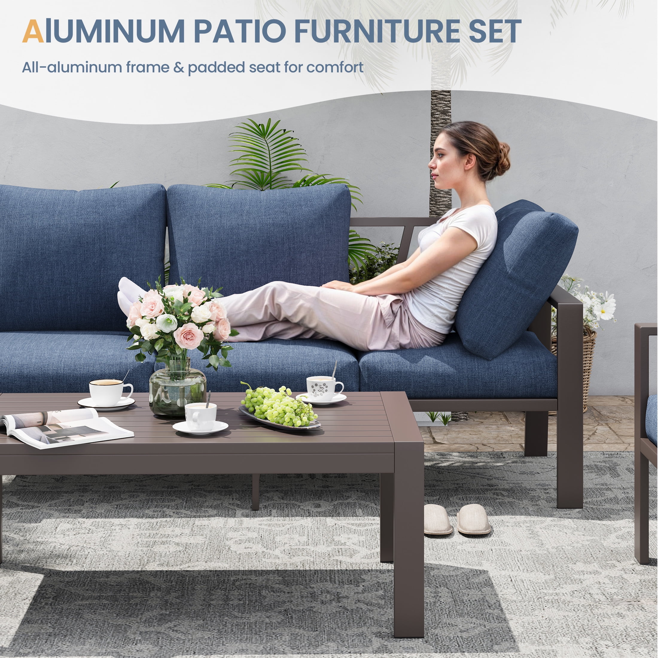 UDPATIO Aluminum Patio Furniture Set, Contemporary Outdoor Couch Set, Aluminum Patio Conversation Set, Blue
