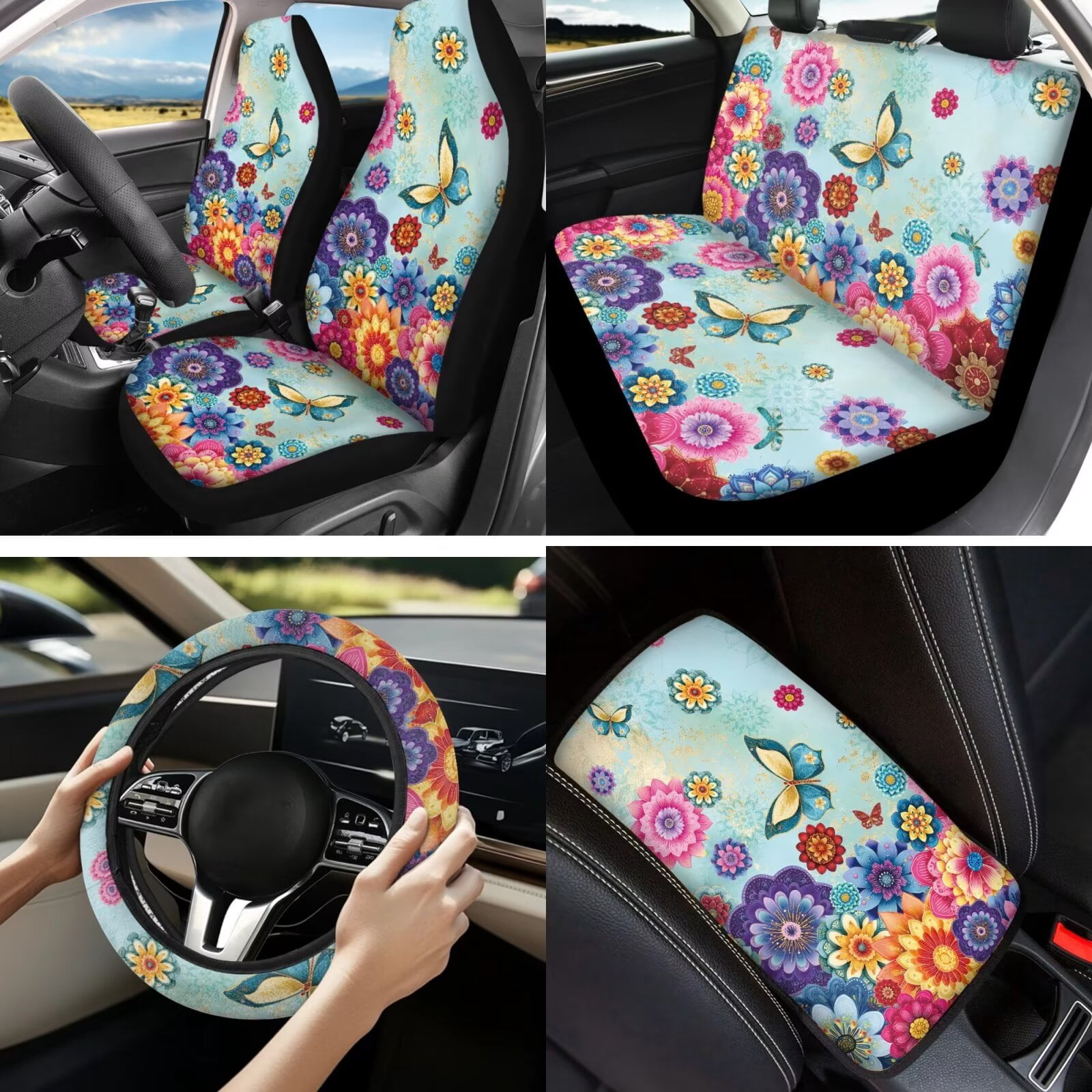 Garronmavis Dahlia Butterfly Fall Car Front Rear Bench Seat Protector Covers 13 Pieces Set, Seatbelt Pads, Steering Wheel Cover, Auto Coasters, Keychain, Key Ring Chapstick Holder,Console Cover