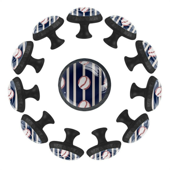 Baseball with Stipes Pattern 35MM Round Glass Cabinet Knobs, Kitchen Knobs for Drawer Dresser Cupboard Wardrobe Modern Pulls Handles Hardware, Set of 12