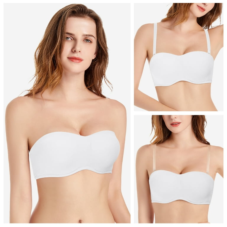 YANDW Strapless Full Coverage Push Up Removable Pads Multiway Convertible  underwire Bandeau Bras with Clear Straps White,44B 