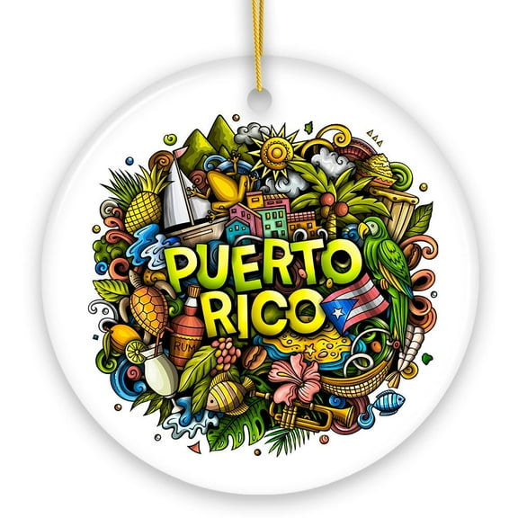 Puerto Rico Symbols Graphic Art on Ceramic Ornament, Rican Culture Christmas Gift