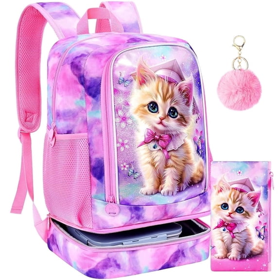 2-in-1 Cat Bookbag for Girls, 17" Kids Backpack Set with Built-in Bottom Lunch Compartment and Pencil Bag, Water-Resistant School Bag for Elementary Preschool Toddler