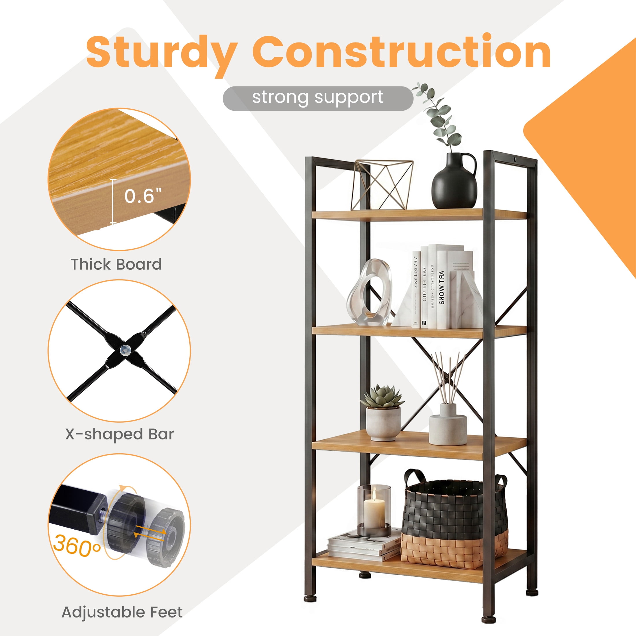 CONCETTA Bookshelf, 4-Tier Small Industrial Storage Shelf & Shelves, Metal Bookcase for Home Office, Living Room, Wood