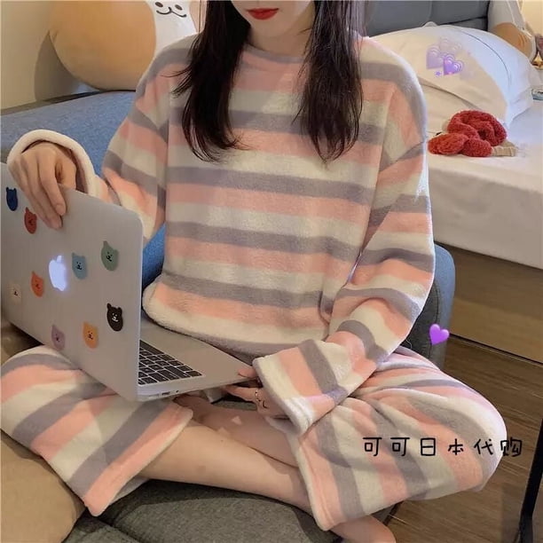 Pijamas de mujer de invierno de franela de manga larga con forro polar grueso de coral lindo traje de otoño e invierno para el hogar para mujer