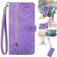 thumbnail image 1 of Nalacover Wallet Case for iPhone 14 Plus, Embossed Pattern Design Zipper Pocket Handbag Wrist Strap Premium PU Leather Flip Cover with Card Slots Holder Magnetic Clasp Kickstand Case,Purple, 1 of 13