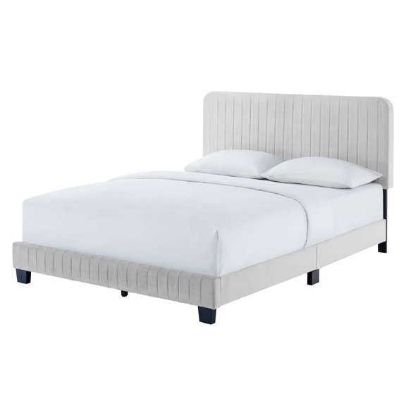 Tufted Platform Bed Frame, Full Size, Velvet, Light Grey Gray, Modern Contemporary Urban Design, Bedroom Master Guest Suite