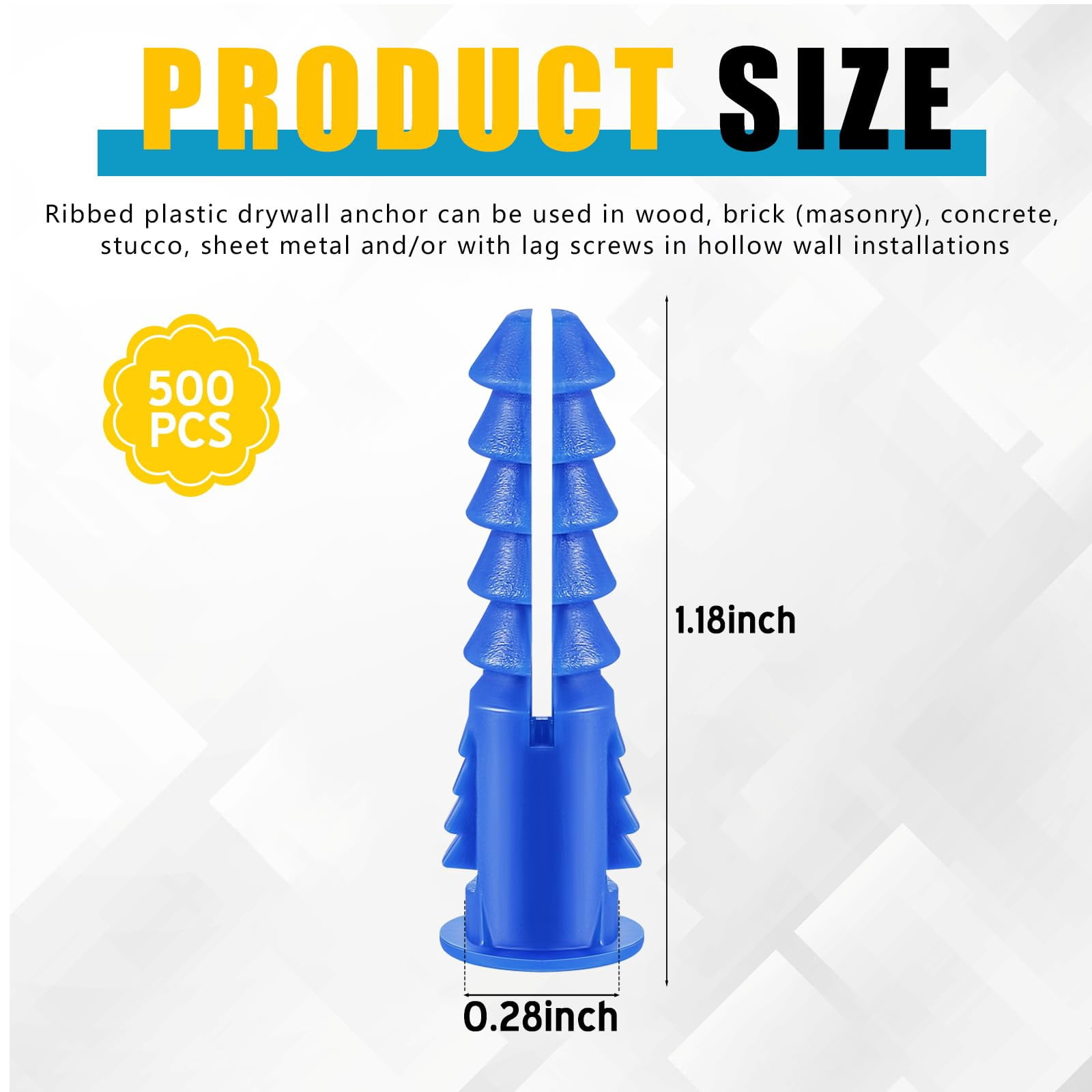 500 Pcs #4-6-8 x 7/8 Inch Ribbed Lightweight Plastic Anchors Drywall Anchors for Hollow Walls Pictures Artwork Decor Light Duty Anchoring Application (Yellow)