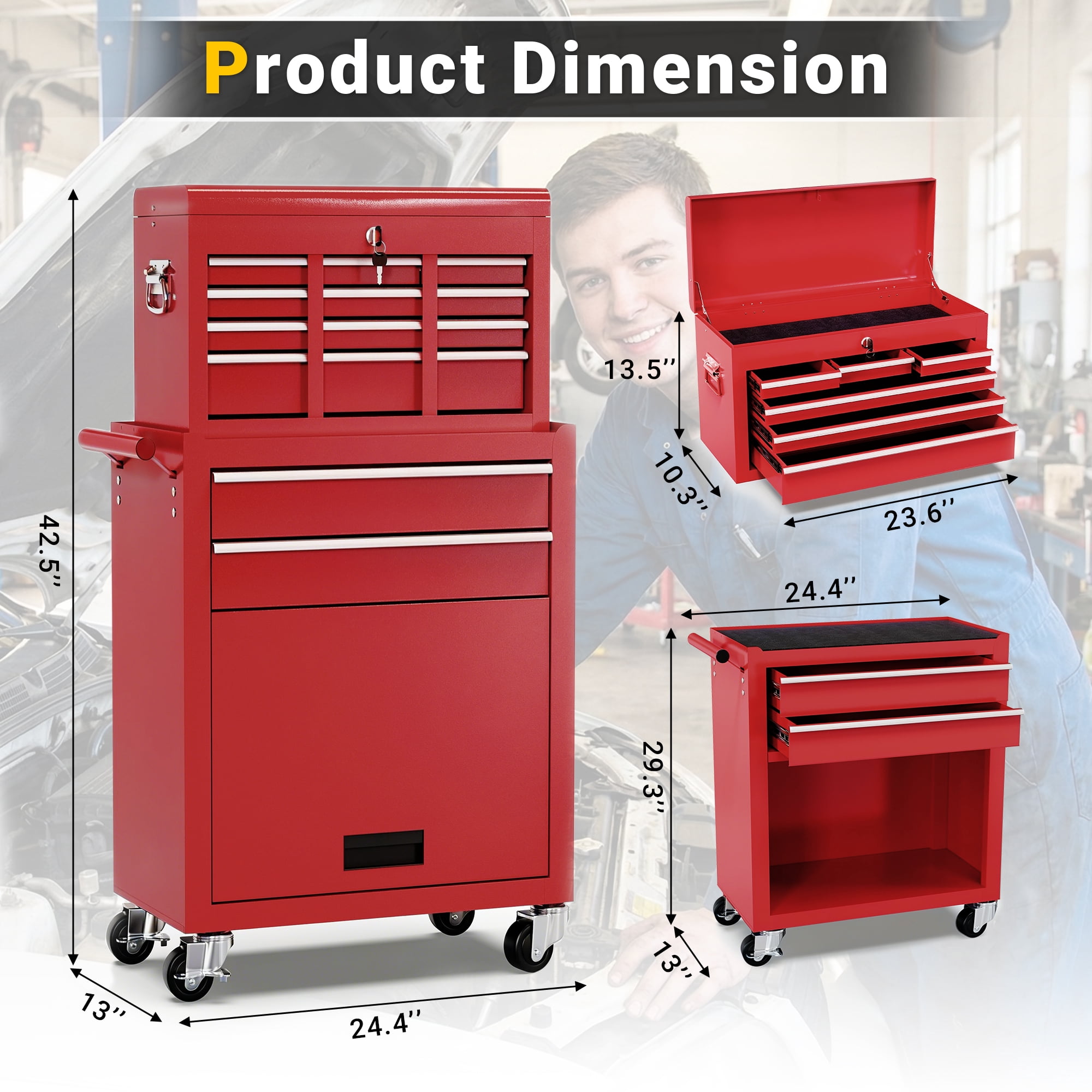 8-Drawer Rolling Tool Chest and Cabinet, Stainless Steel Tool Box with Brake Wheels and 8 Drawers, Orange Detachable Tool Cart