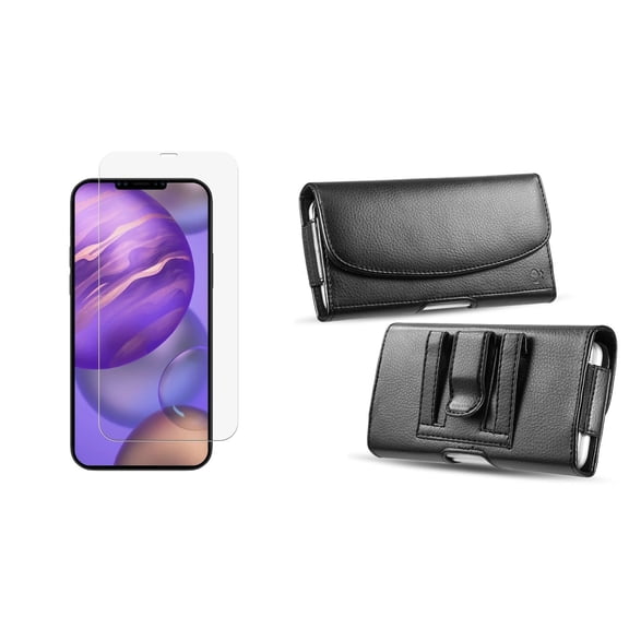 Bemz Holster Bundle for Apple iPhone 12 Mini: PU Leather Belt Holster Wallet Pouch with Cards Slot Billfold Bag with Tempered Glass Screen Protector - Black