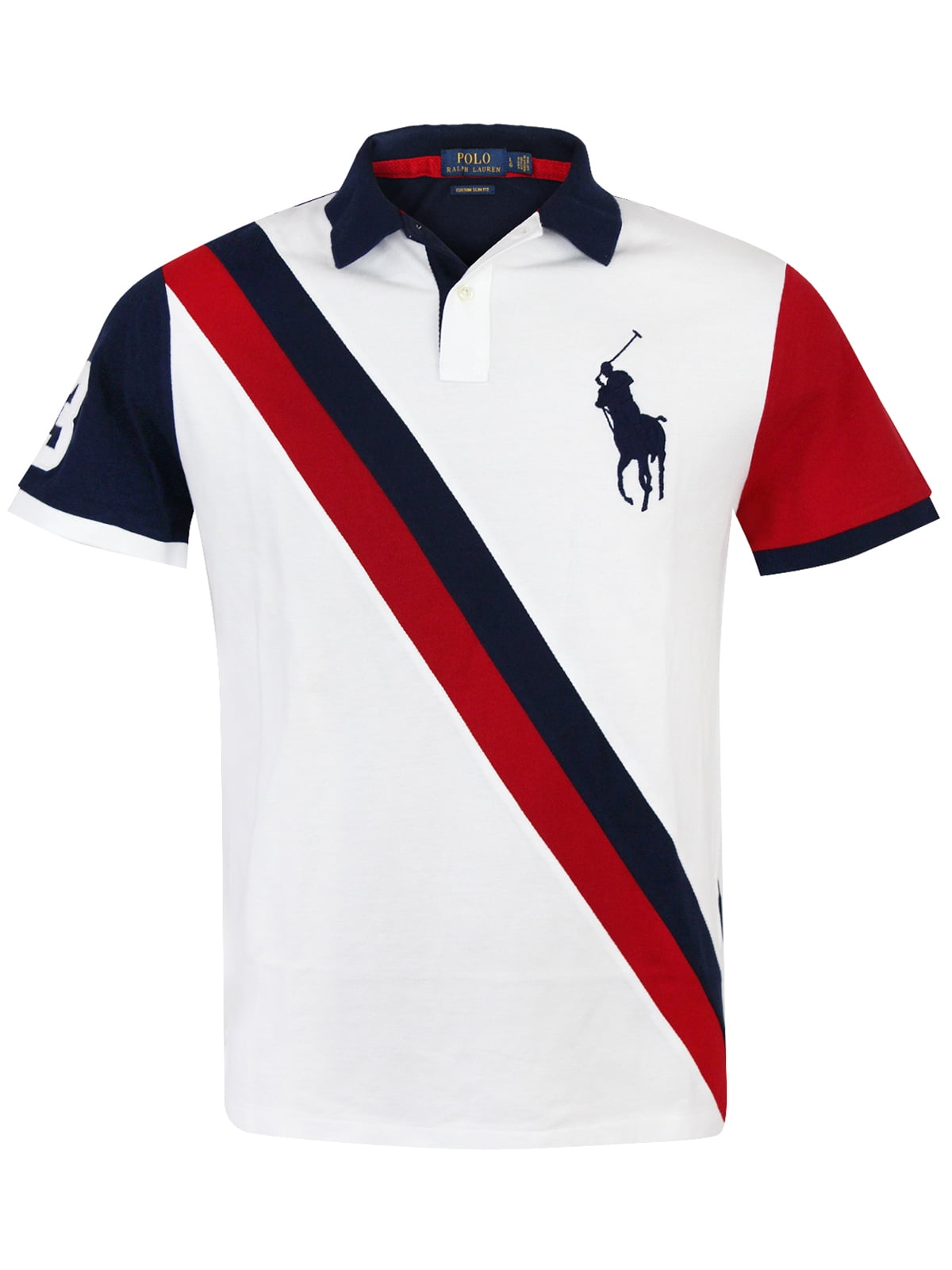 blue red and white polo shirt