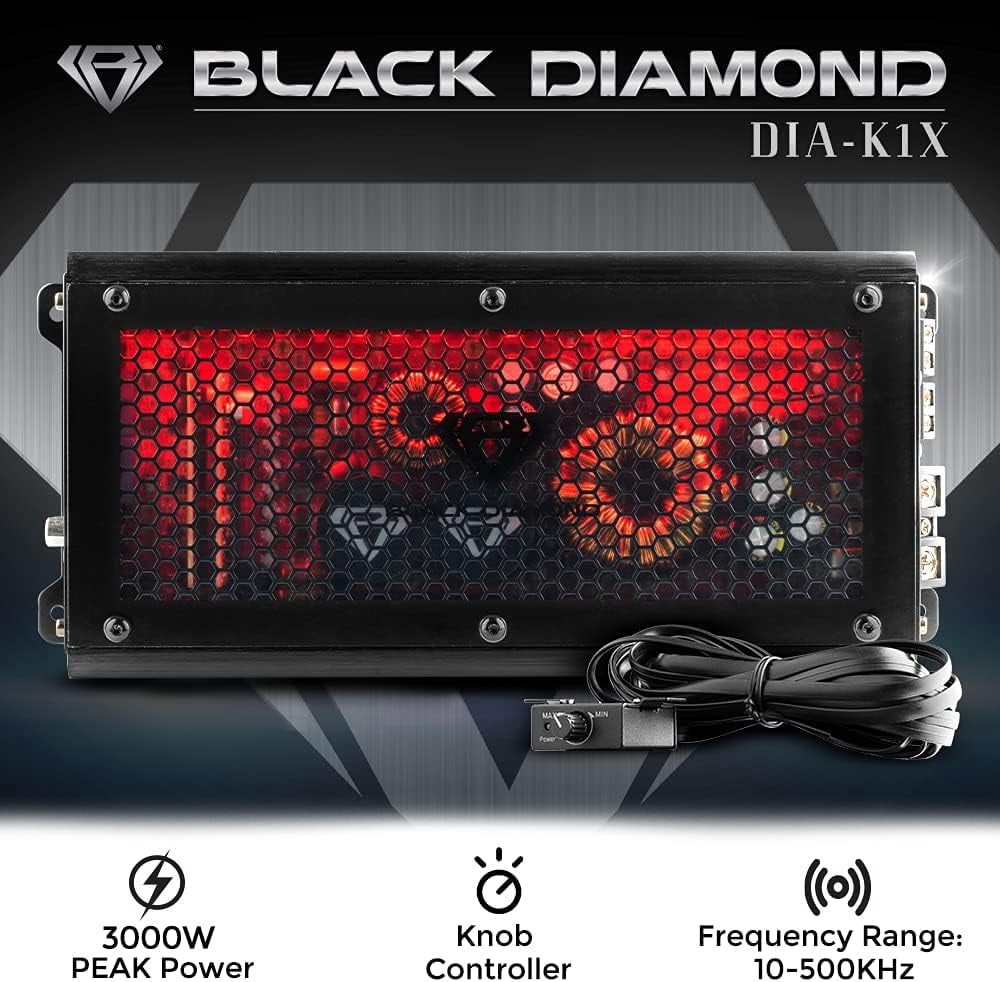 Black Diamond DIA-K1X Class D 1-Channel Monoblock Car Amplifier 3000 Watts - Amplifier 1-Channel with Acrylic Window & LED Lighting