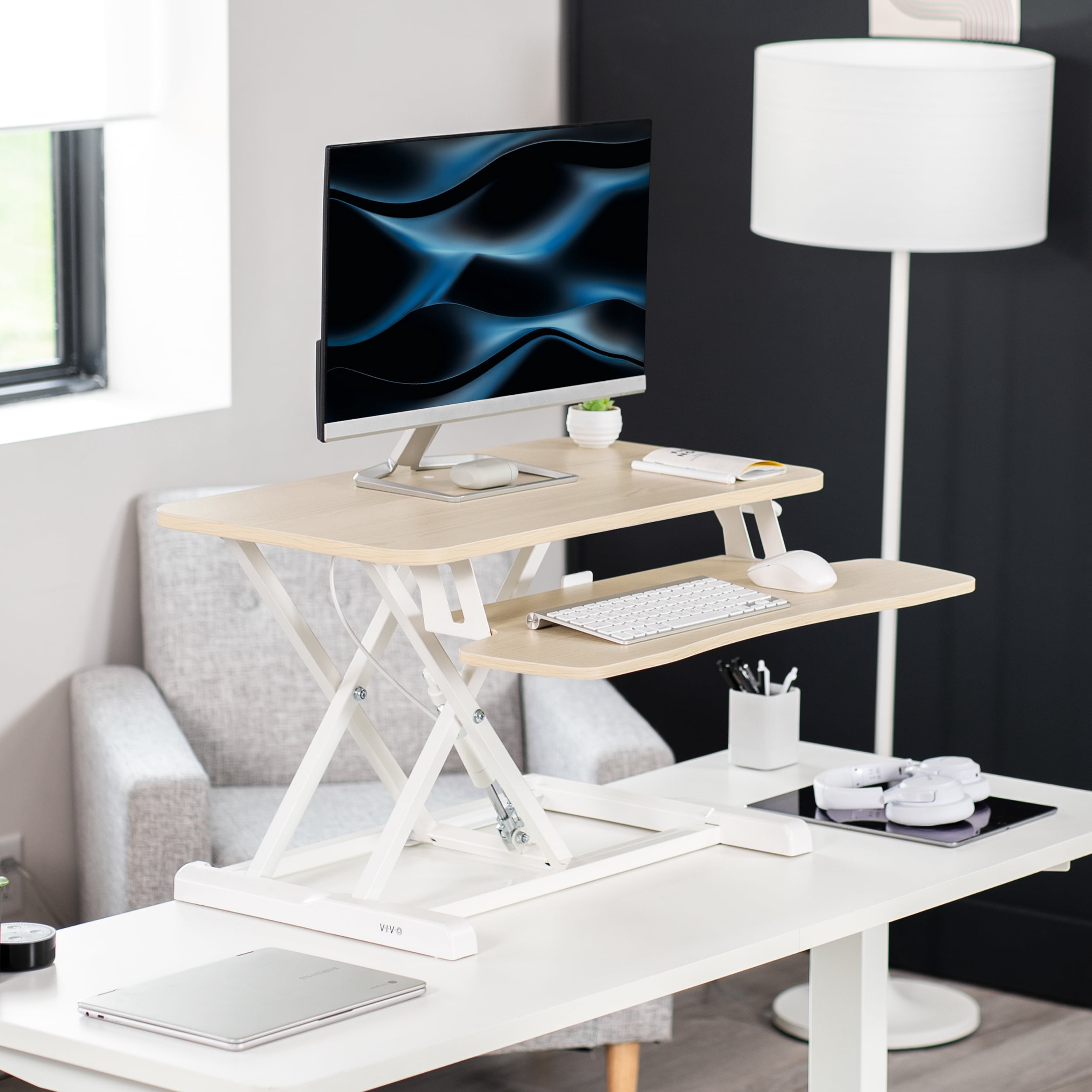 VIVO Light Wood Height Adjustable 28" Standing Desk Monitor Riser, White Frame