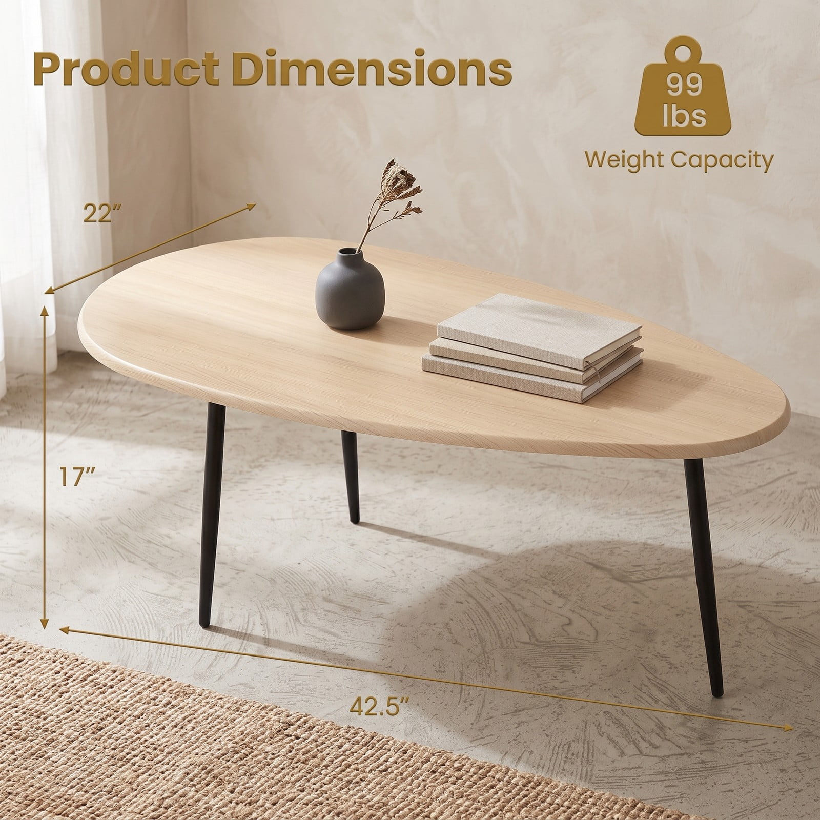 Furnibear Oval Coffee Table Mid Century Center Table with Sturdy Metal Frame, Open Storage Shelf & Adjustable Foot Pads for Living Room, Hallway & Lounge, Natural