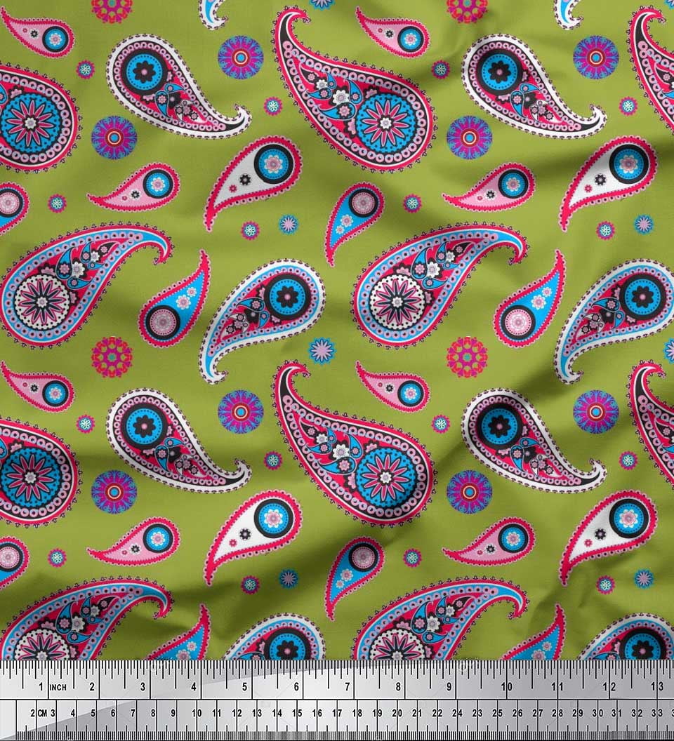 Soimoi Poly Georgette Green Fabric - Bohemian Paisley Floral Print By The Yard 42 Inches Wide