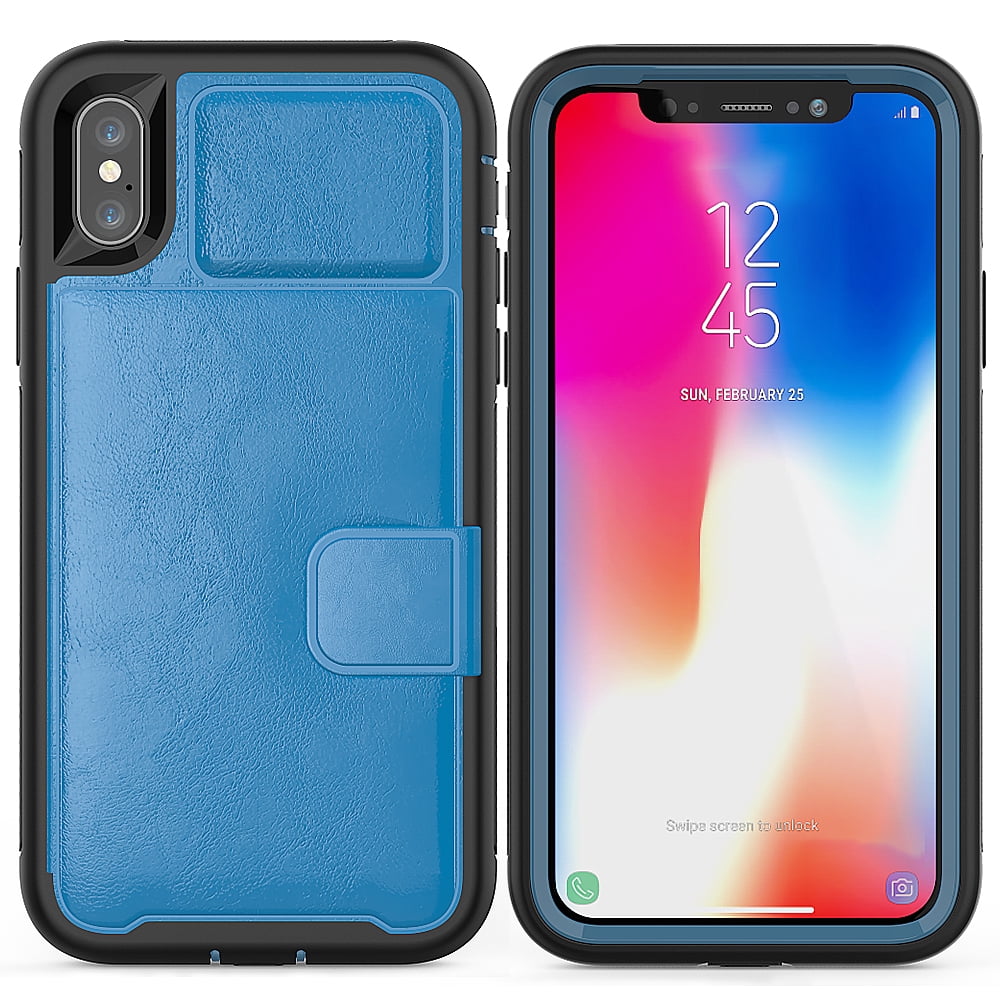 Durable And Slim Vegan Leather Wallet Portfolio Case For Apple iPhone XS / iPhone X With Lightweight Classic Design, Dedicated Card Slots, and Ultra-Strong Magnetic Closure (Blue)