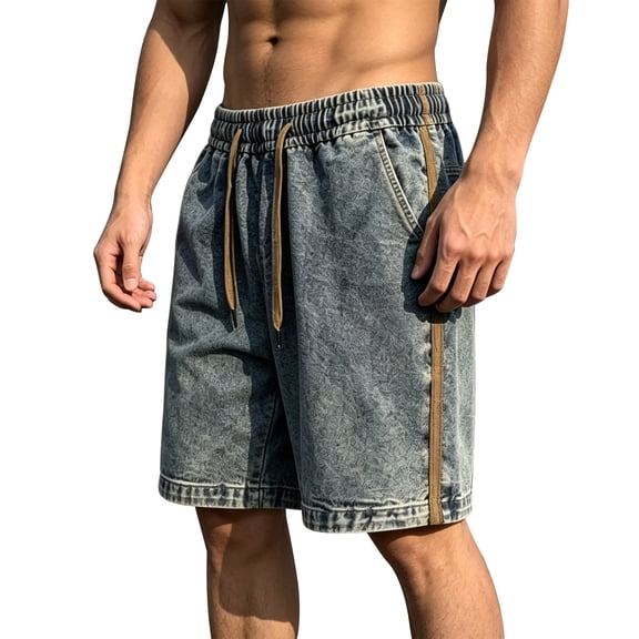 JTSRKL Vintage Denim Shorts for Men Acid Wash Drawstring Elastic Waist Relaxed Fit Short Pants Stretchy Distressed Summer Casual Bottoms
