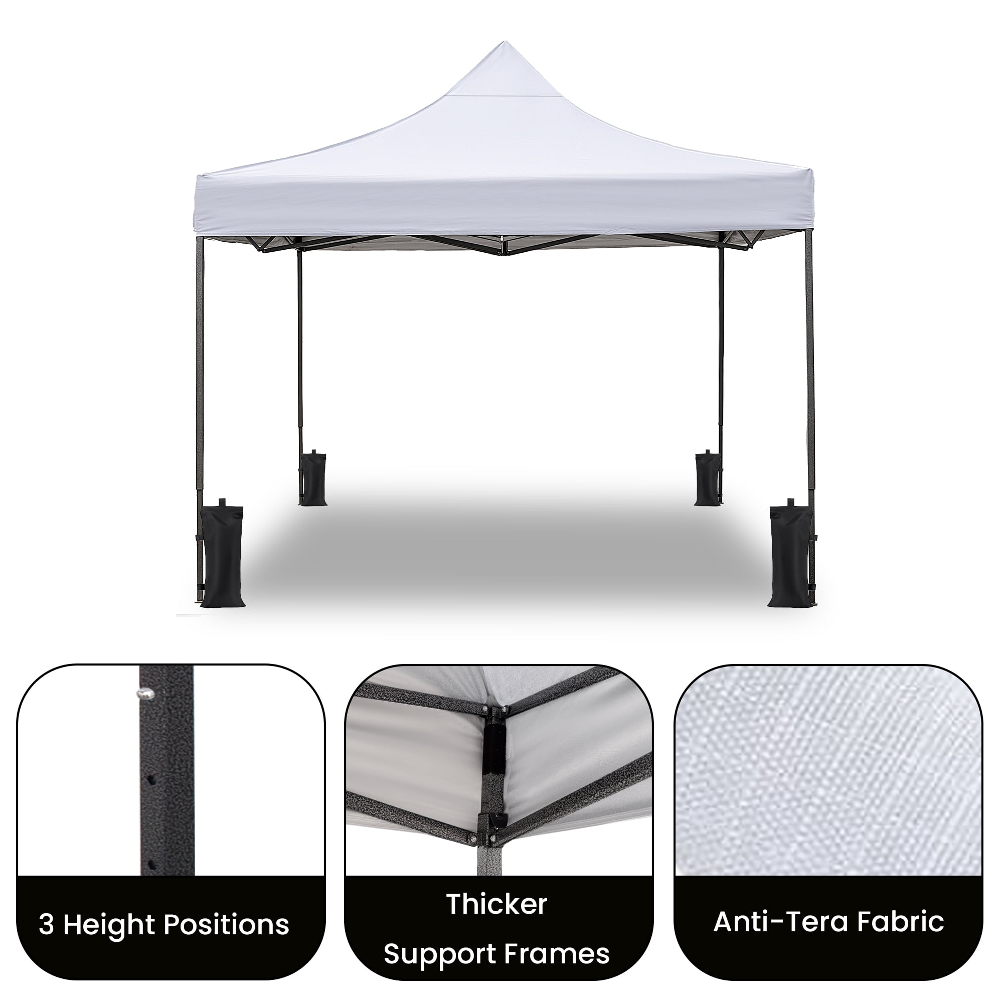 10'x10' Pop Up Canopy Tent, White Silver-Coated Top UPF50+ Water-Resistant, 4 Adjustable Heights (6.7-7.6ft), Includes Sandbags Stakes Ropes Carry Bag