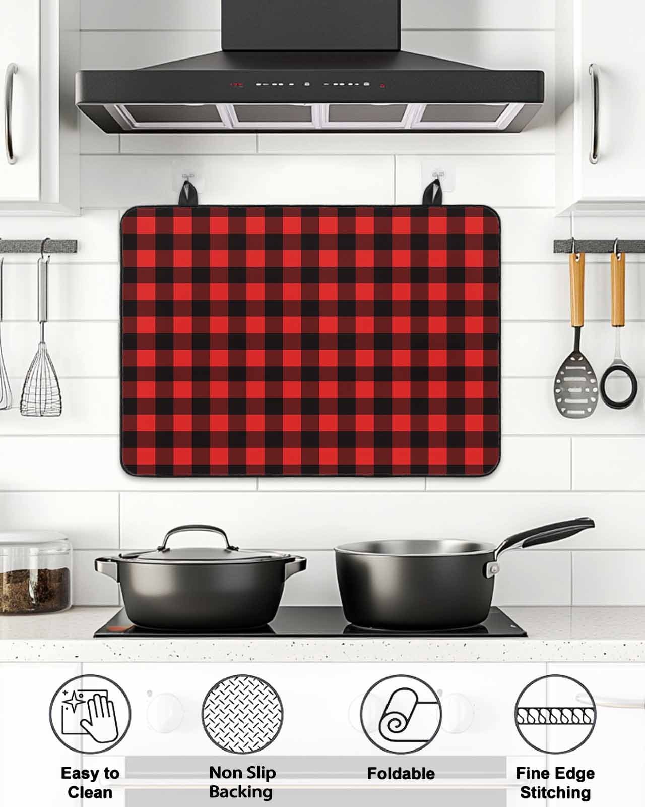 Stove Top Covers for Electric Stove, Black Red Plaid Glass Stovetop Cover Protector, Vintage Rustic Buffalo Checked Gingham Induction Cooktop Protector Oven Mat for Kitchen Countertop 28.5"x20.5"