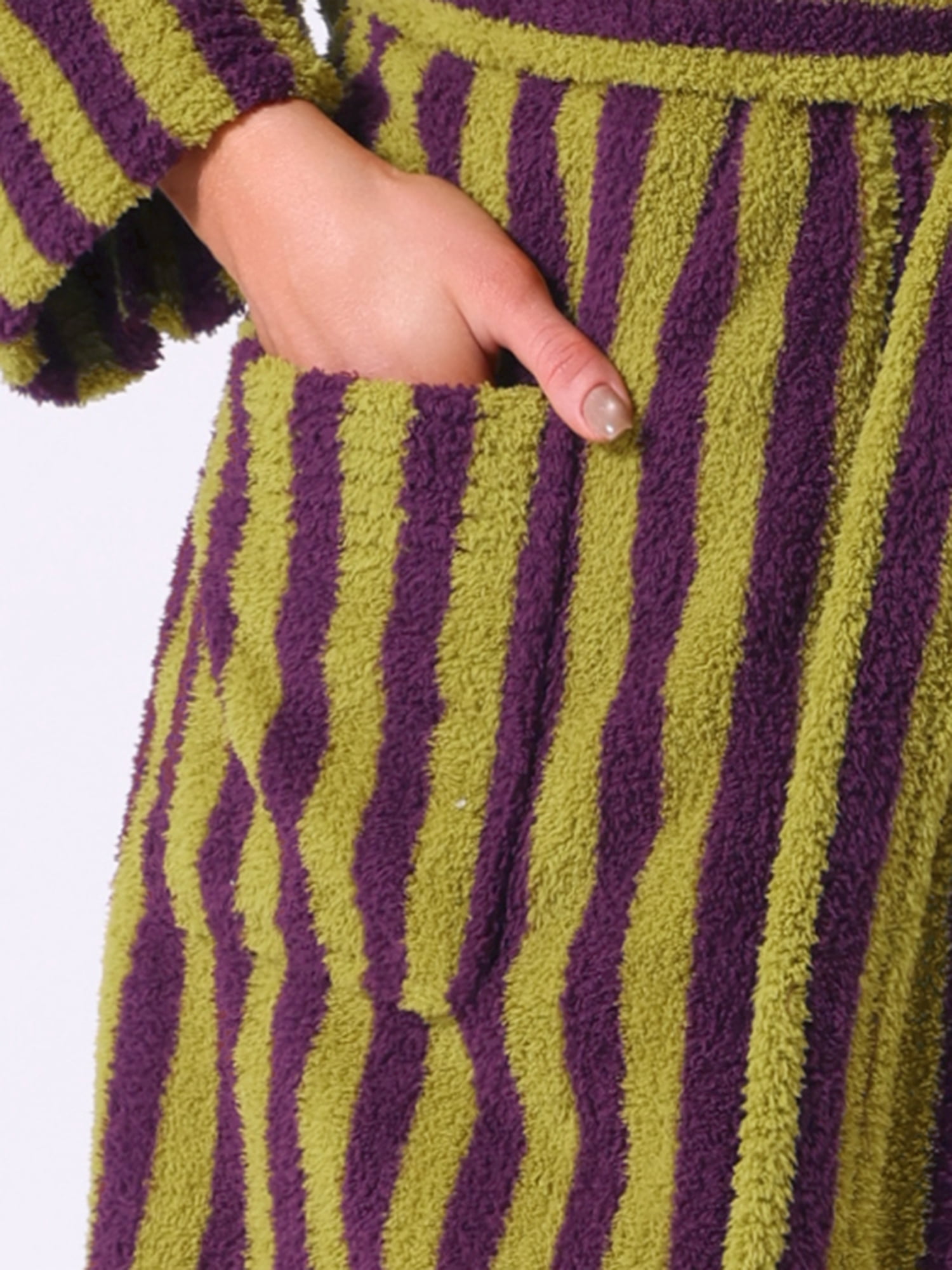 DARING DIVA Women's Fleece Fluffy Belt Full Length Striped Plush Bath Robe L Green