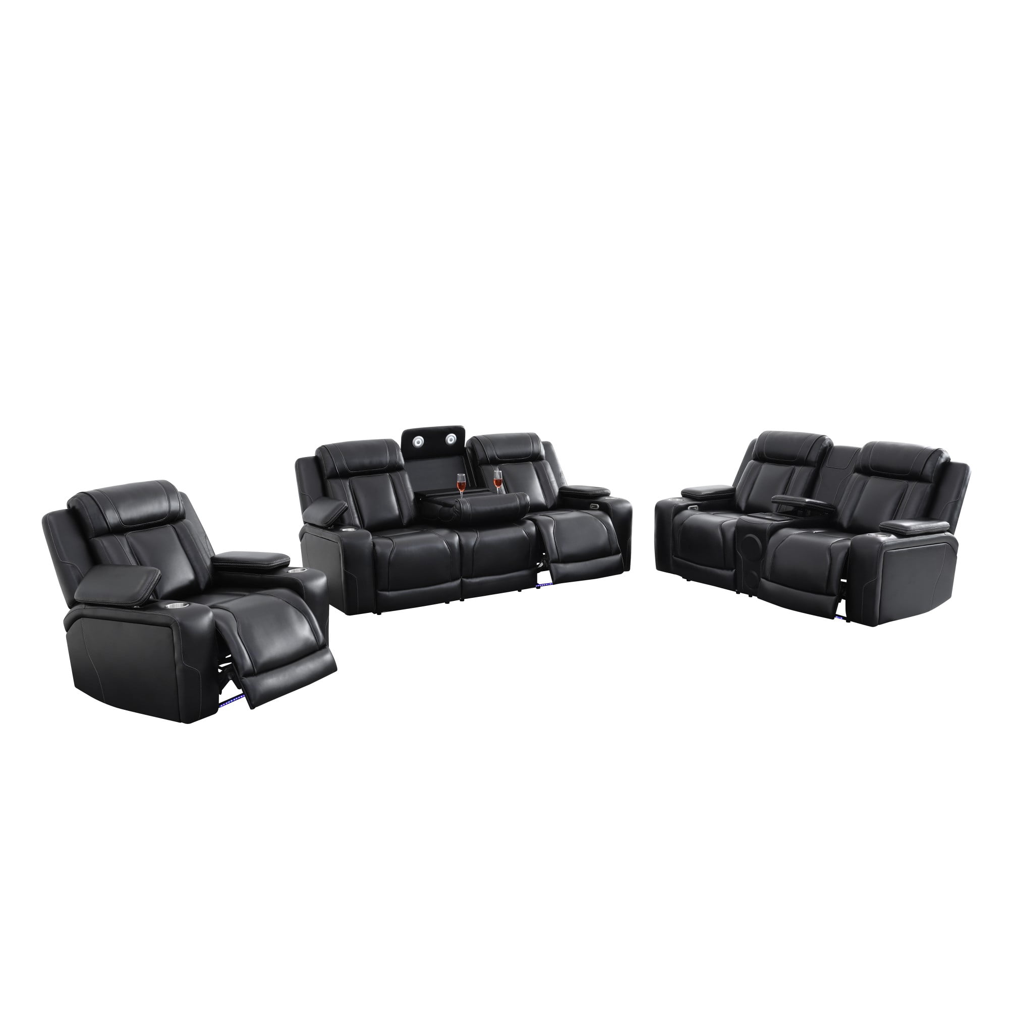 Gewnee 1+2+3 Piece Recliner Sofa Set, Air Leather Smart Sofa with Wireless Charging, Bluetooth Speaker, LED Light, Cup Holders & Storage, Adjustable Recline for Living Room, Black